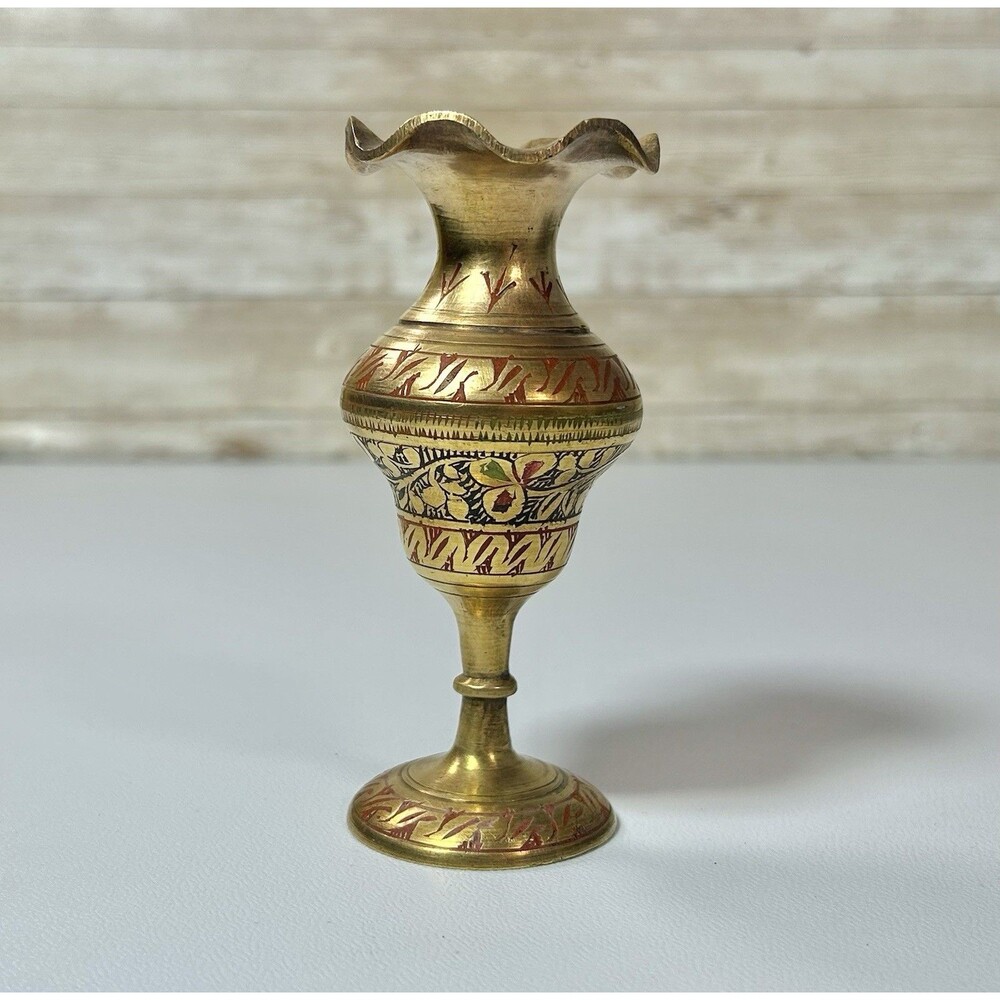 Antique Indian Small Brass Bud Vase Ruffled Rim Floral Enamel Etched Decor
